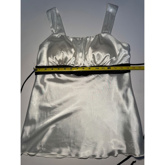 Satin M Tank Top Black Waist Tie Ruched Bust Sleeveless Blouse Dressy - Picture 6 of 9